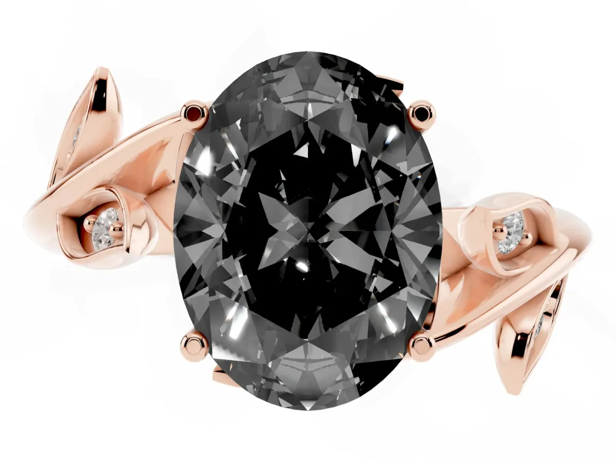 Fancy Black Oval Cut Solitaire Twist Engagement Ring with Leaf Accents and Prong Setting Rose gold