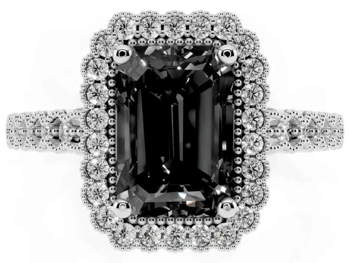 Fancy Black Radiant Cut Cut Halo Pavé Solitaire Ring with Milgrain Band White gold
