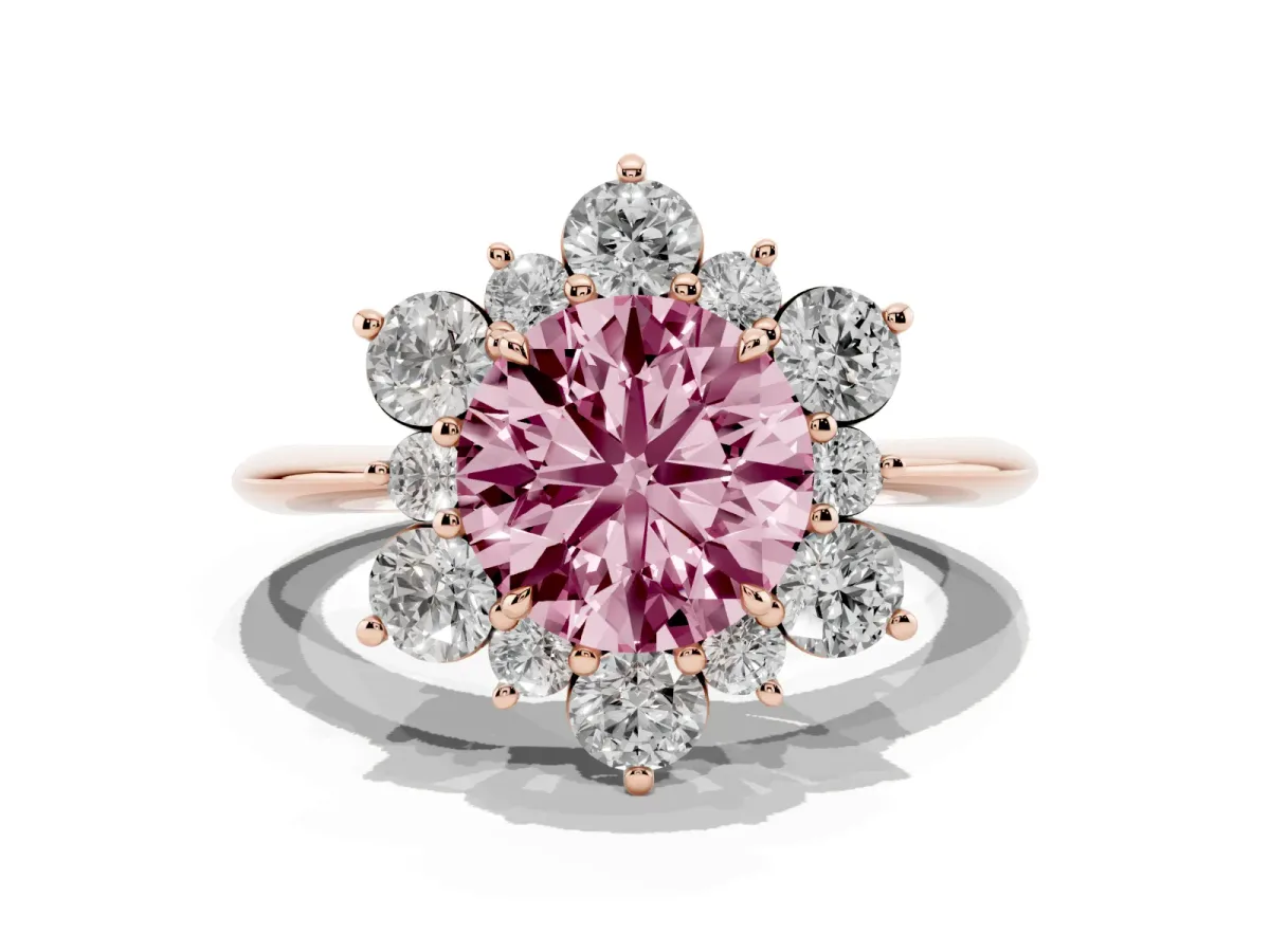Fancy Pink Round Cut Diamond Cluster Halo Ring with Solitaire Band and Four-Prong Setting Rose gold