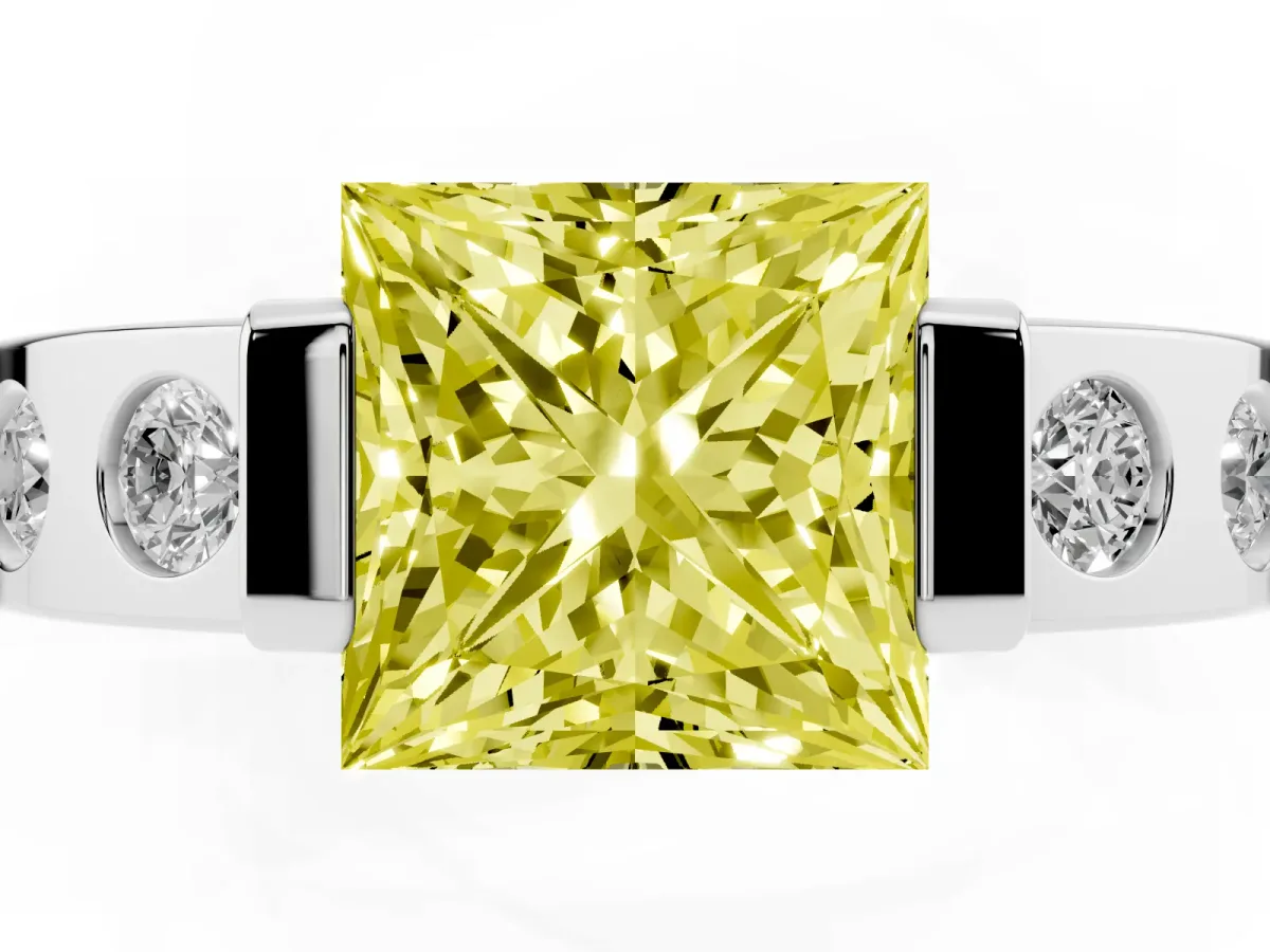 Fancy Yellow Princess Cut Brilliant Channel-Set Diamond Ring with Bezel Prong Setting Silver