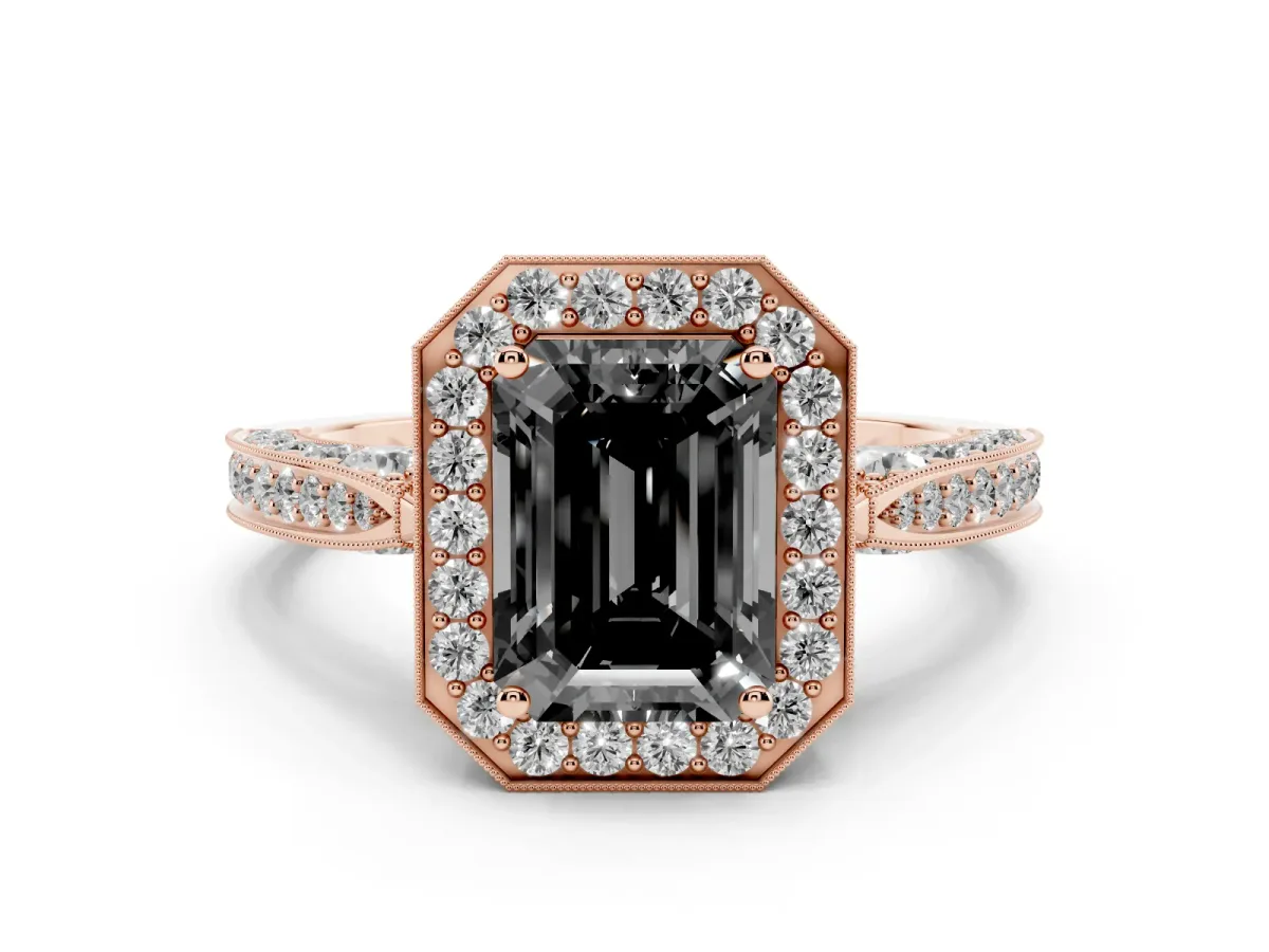 Fancy Black Emerald Cut Halo Diamond Engagement Ring with Split Shank Band and Four-Prong Setting Rose gold