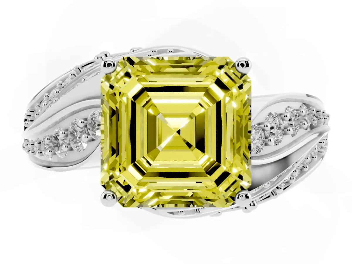 Fancy Yellow Asscher Cut Diamond Solitaire Ring with Prong Setting and Twisted Pavé Band Silver