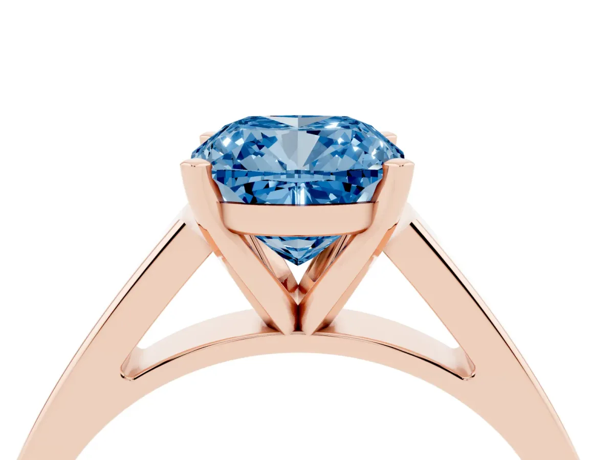 Fancy Blue Cushion Cut Solitaire Engagement Ring with Four-Prong Setting and Tapered Band Rose gold