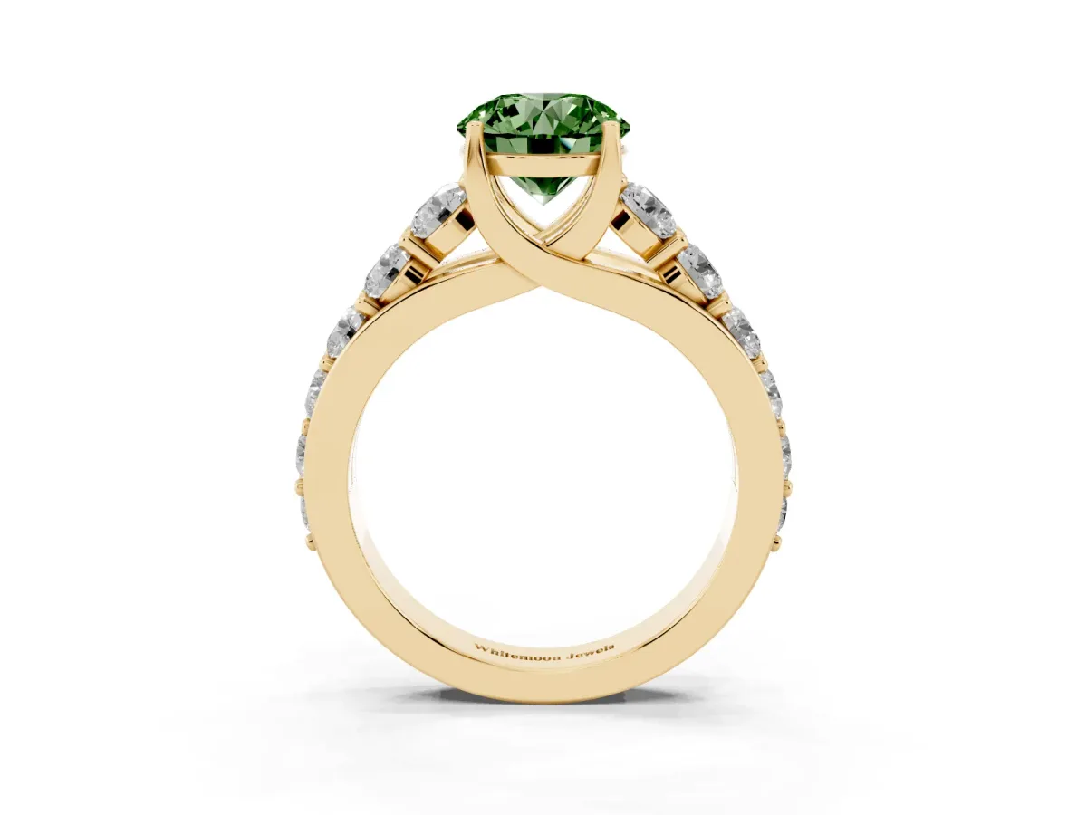 Fancy Green Round Cut Diamond Engagement Ring with Pavé Band and Four-Prong Setting Yellow gold