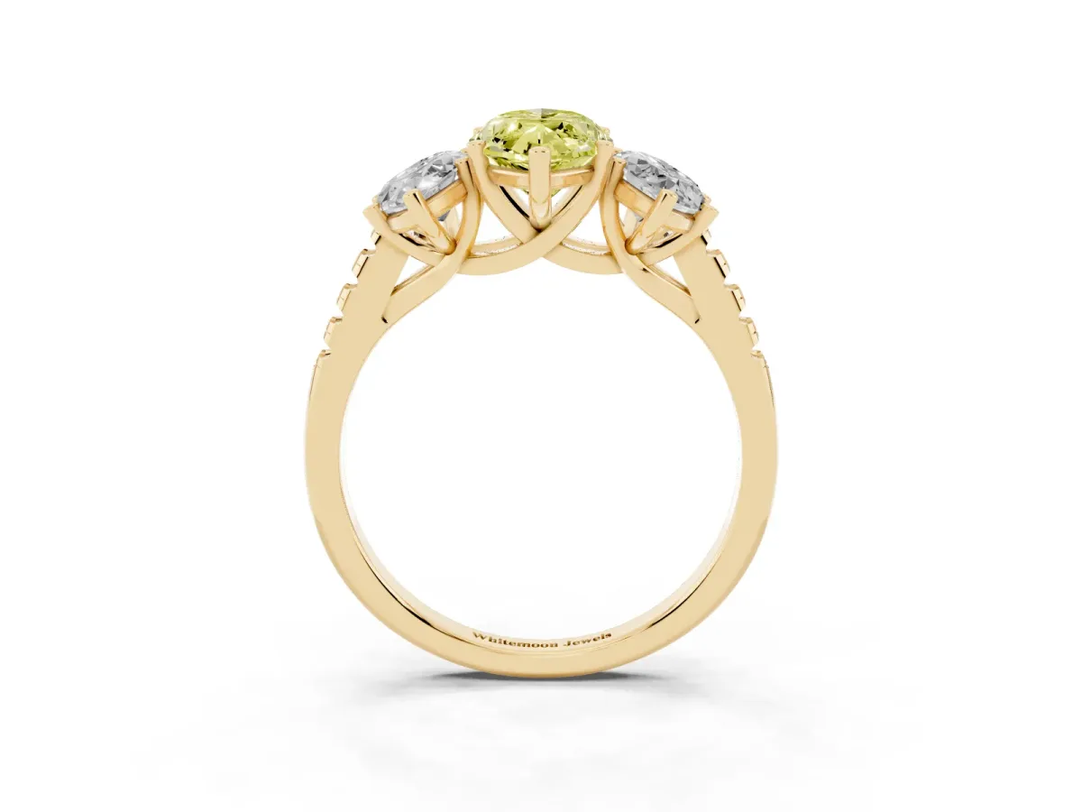 Fancy Yellow Three-Stone Marquise Cut Diamond Ring with Round Pavé Band and Prong Setting Yellow gold