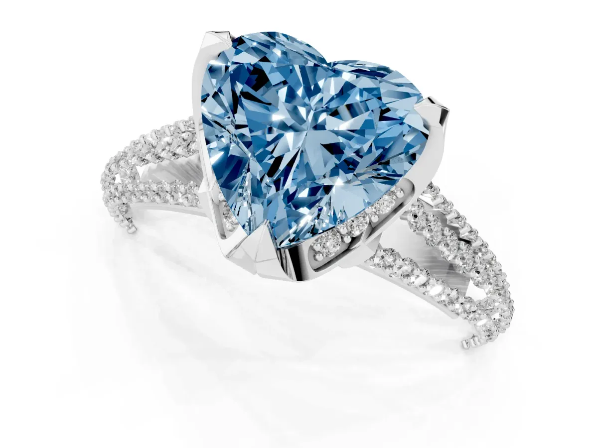 Fancy Blue Heart Cut Solitaire Pave Split Shank Ring with Four-Prong Setting White gold