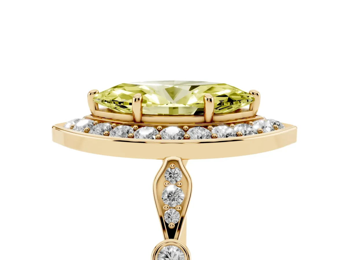 Fancy Yellow Marquise Cut Halo Diamond Engagement Ring with Twisted Band and Four-Prong Setting Yellow gold