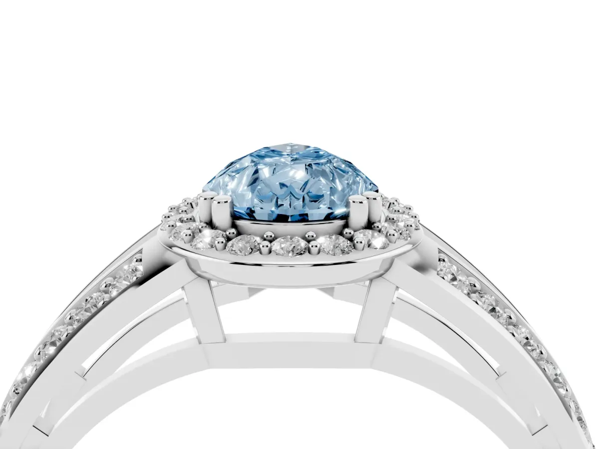 Fancy Blue Pear Cut Diamond Halo Ring with Split Shank Pavé Band and Four-Prong Setting White gold
