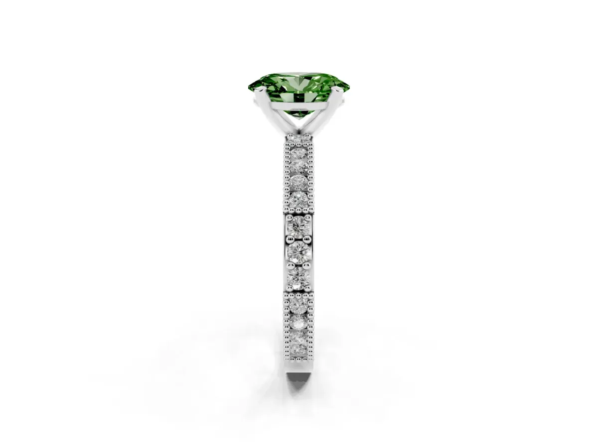 Fancy Green Oval Cut Solitaire with Pavé Band and Four-Prong Setting Silver