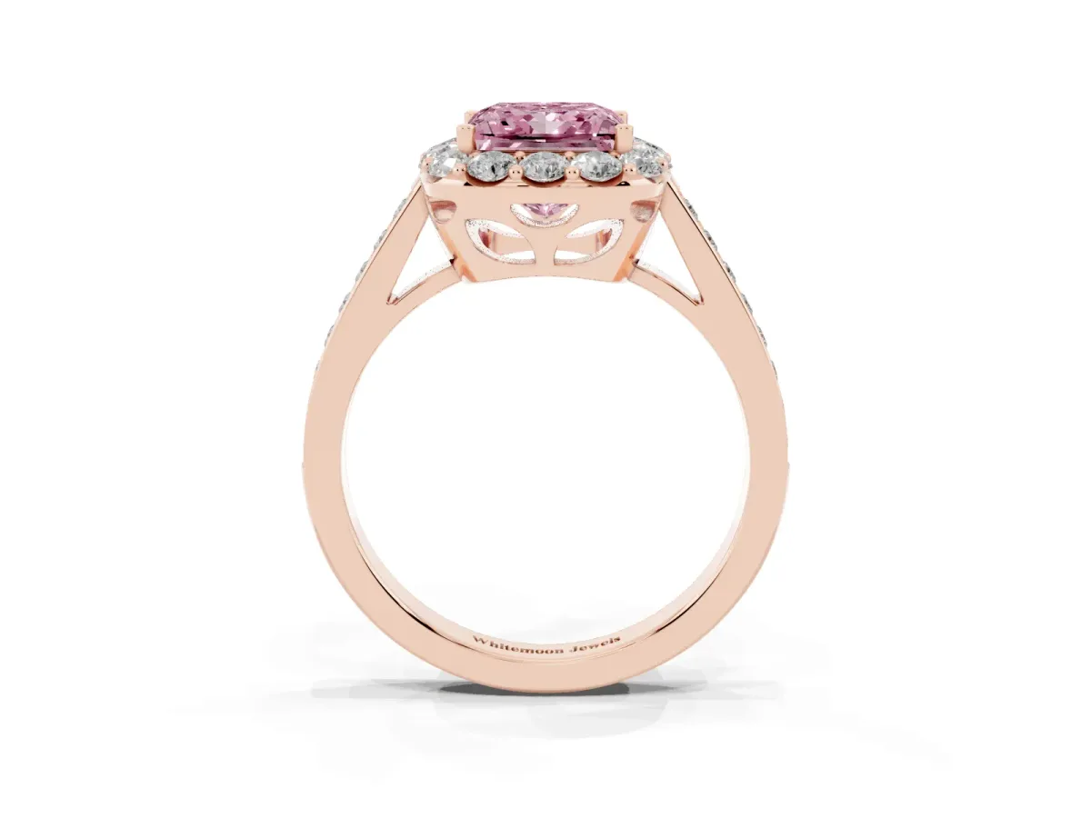 Fancy Pink Princess Cut Diamond Floral Halo Ring with Pavé Band and Prong Setting Rose gold