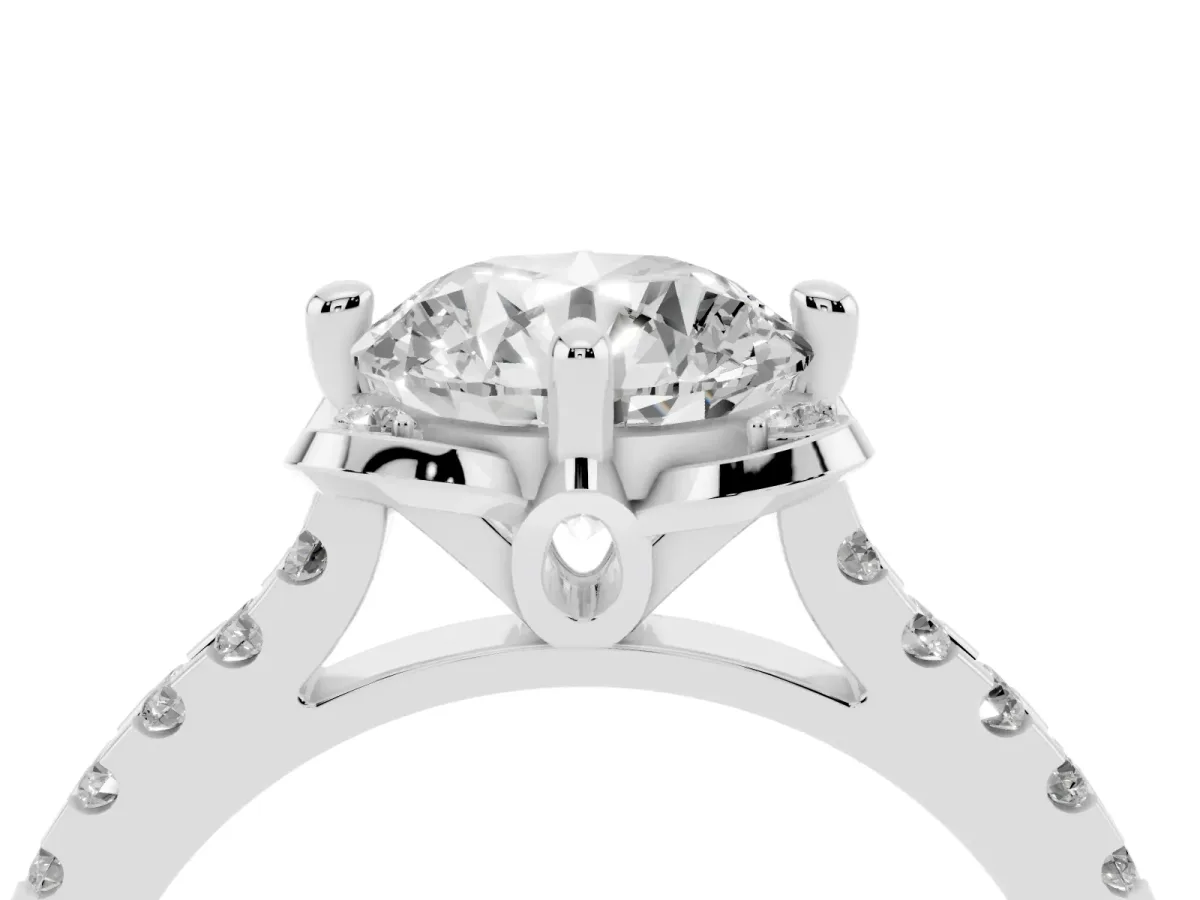 Round Cut Diamond Ring with Pavé Band and Floral Prong Setting Silver