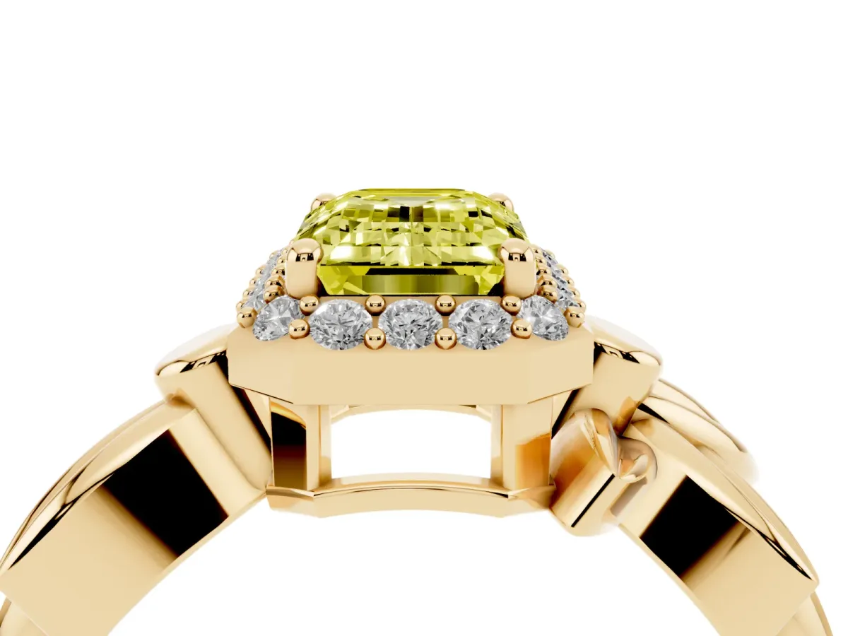 Fancy Yellow Emerald Cut Halo Diamond Floral Band with Four-Prong Setting Yellow gold