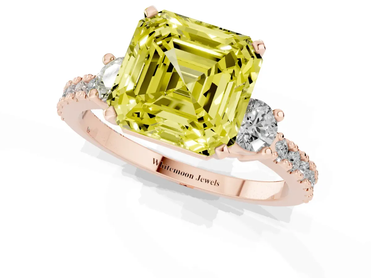 Fancy Yellow Asscher Cut Three-Stone Diamond Pavé Band with Prong Setting Rose gold