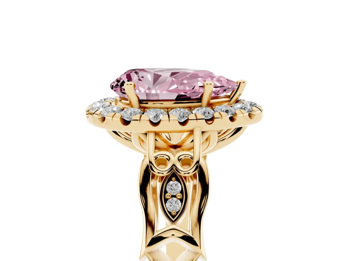Fancy Pink Pear Cut Halo Diamond Engagement Ring with Filigree Band and Four-Prong Setting Yellow gold