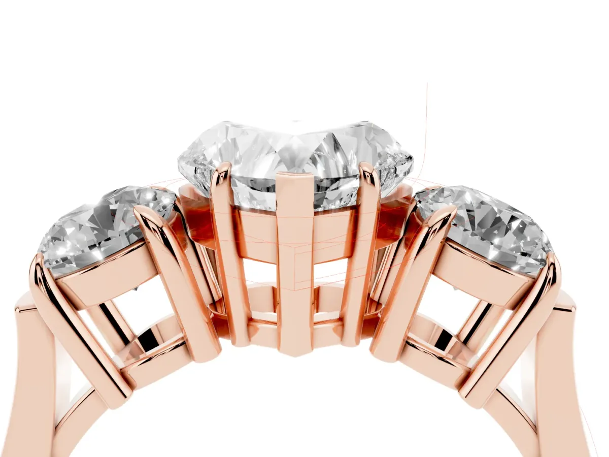 Three-Stone Heart Cut Cut Diamond Ring with Round Accent Stones, Prong Setting, and Classic Band Rose gold