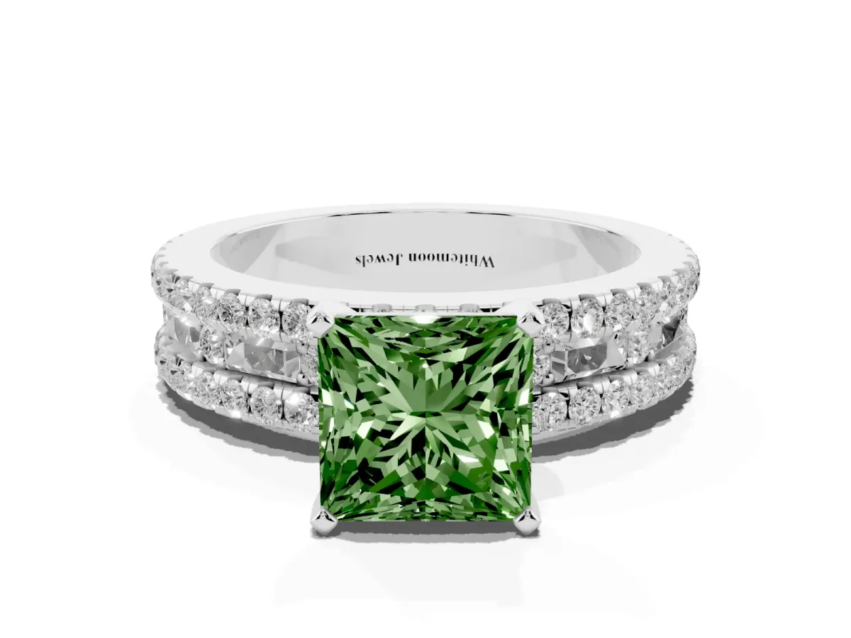 Fancy Green Princess Cut Diamond Solitaire Ring with Pavé and Channel Set Band Platinum