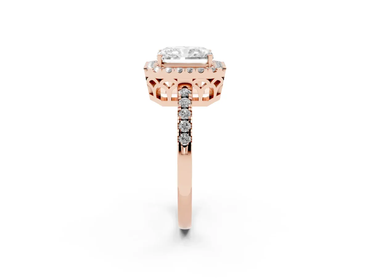 Radiant Cut Halo Diamond Engagement Ring with Pavé Band and Four-Prong Setting Rose gold