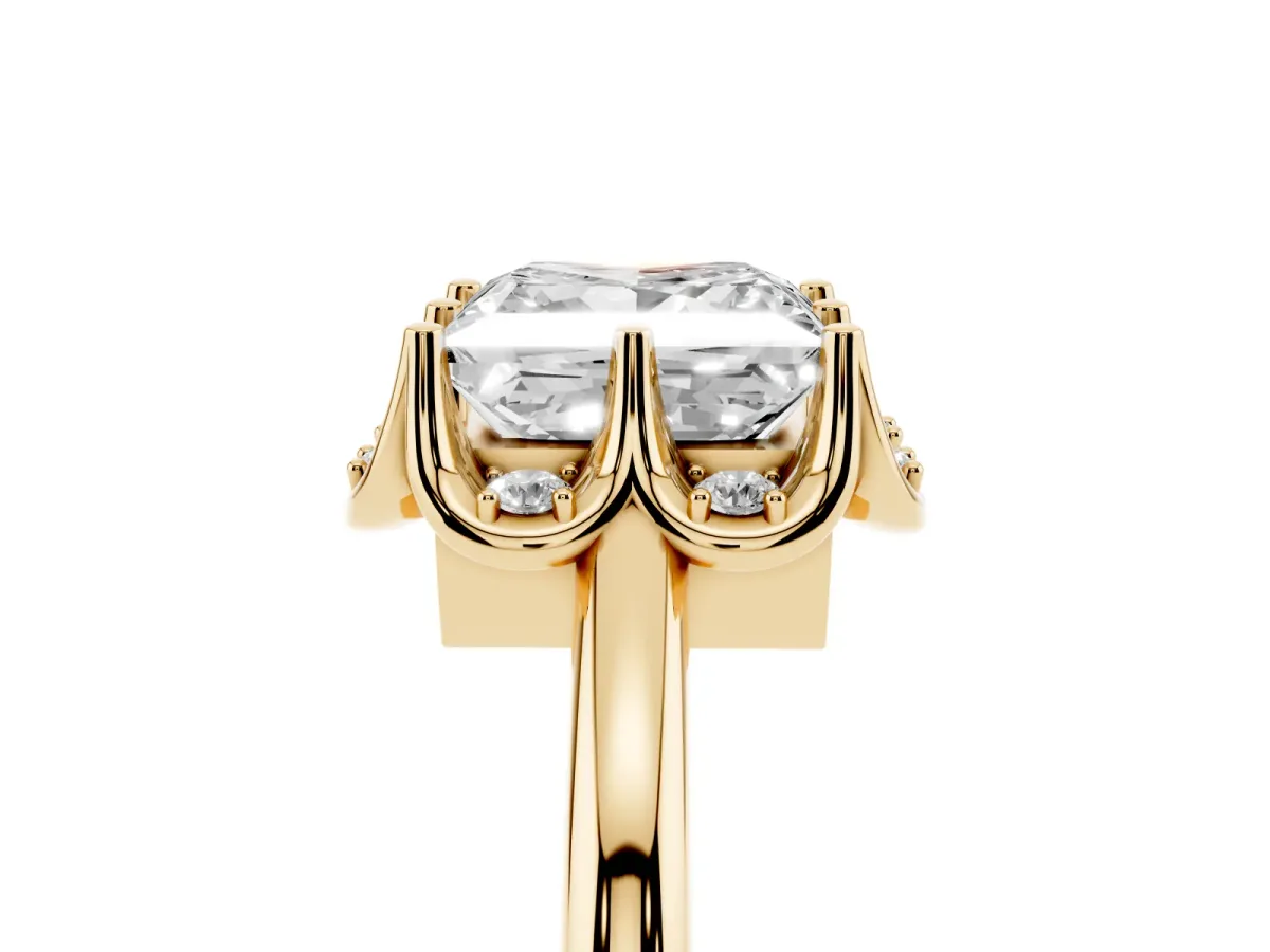 Princess Cut Halo Diamond Ring with Round Cluster Setting, Solitaire Band, and Four-Prong Setting Yellow gold