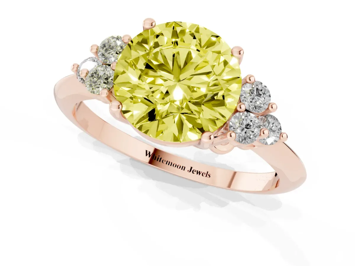 Fancy Yellow Round Cut Cut Diamond Cluster Ring with Solitaire Band and Four-Prong Setting Rose gold