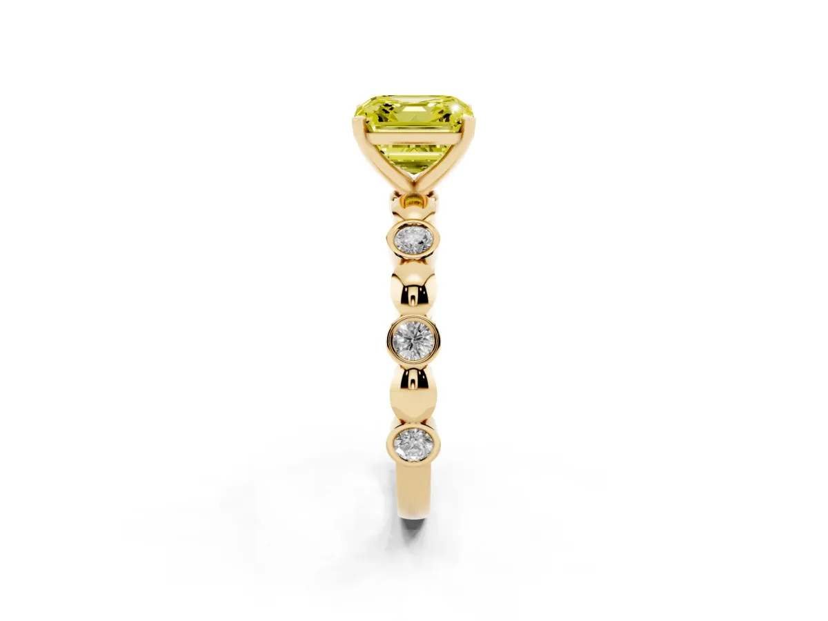 Fancy Yellow Asscher Cut Solitaire Bezel-Set Diamond Ring with Beaded Band and Four-Prong Setting Yellow gold