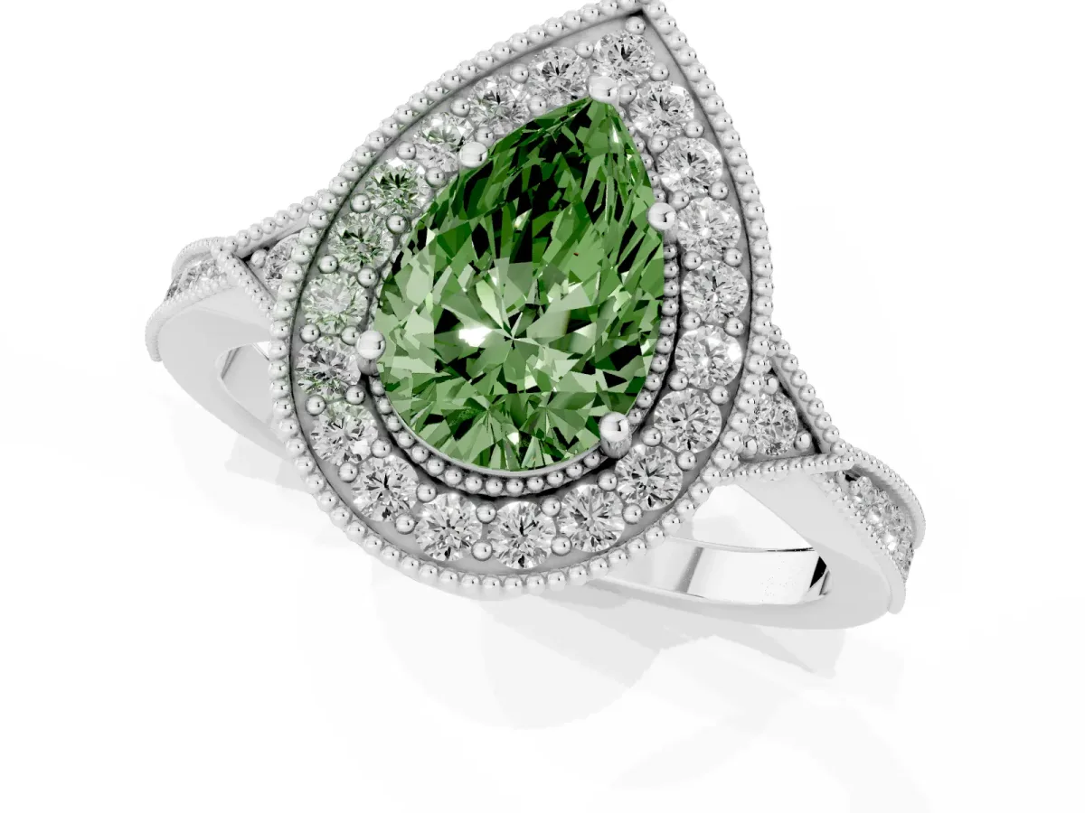 Fancy Green Pear Cut Halo Round Diamond Milgrain Pave Engagement Ring White gold