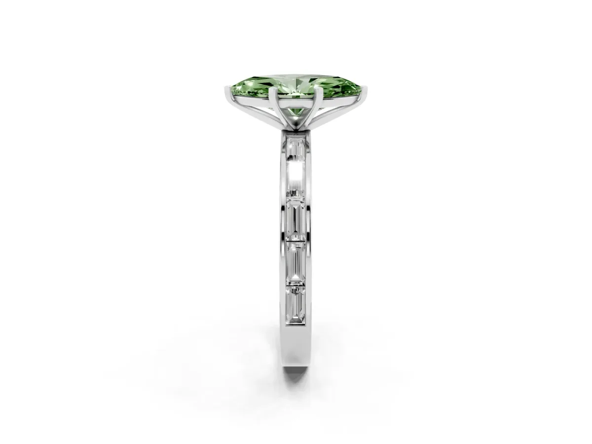 Fancy Green Marquise Cut Solitaire Diamond Ring with Channel-Set Baguette Band and Four-Prong Setting White gold