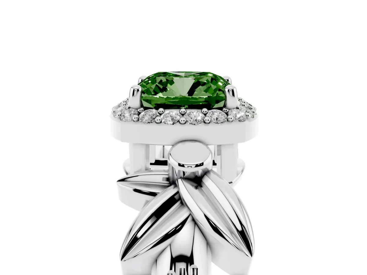 Fancy Green Cushion Cut Halo Diamond Floral Band with Four-Prong Setting White gold