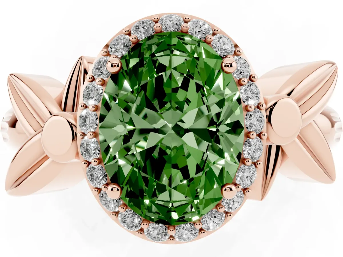 Fancy Green Oval Cut Halo Diamond Floral Band with Four-Prong Setting Rose gold