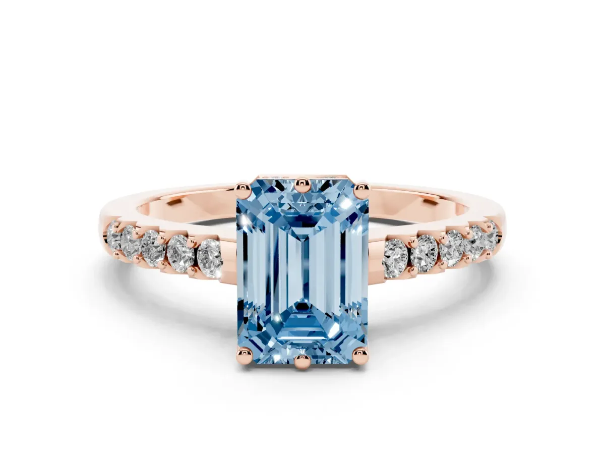 Fancy Blue Emerald Cut Solitaire Diamond Engagement Ring with Pavé Band and Six-Prong Setting Rose gold