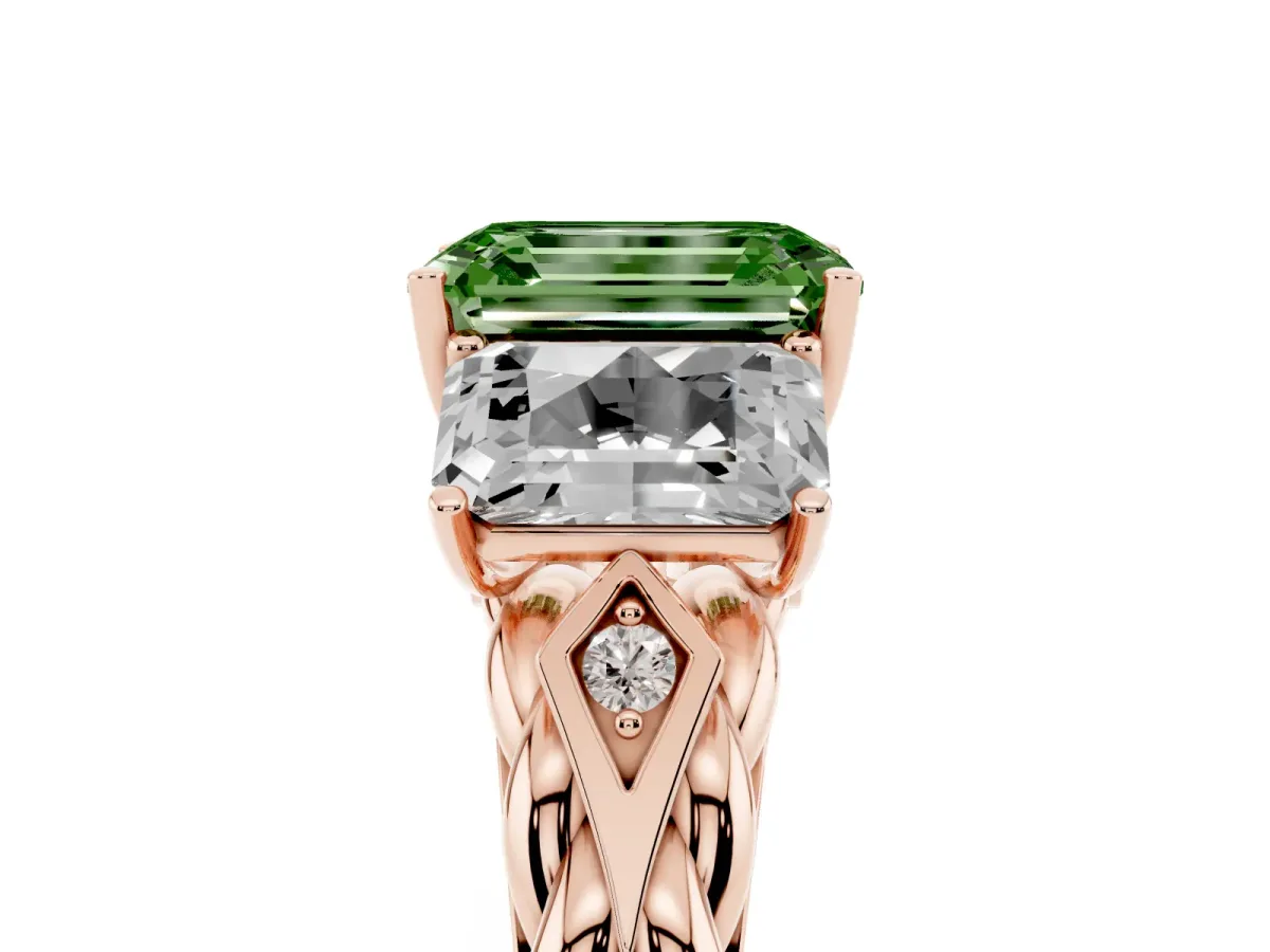 Fancy Green Three-Stone Emerald Cut Diamond Braided Band Ring with Four-Prong Setting Rose gold