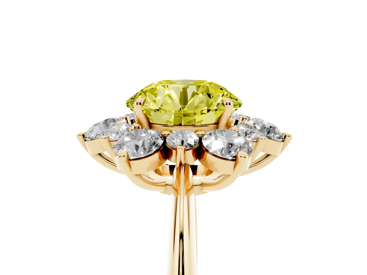 Fancy Yellow Round Cut Diamond Cluster Halo Ring with Solitaire Band and Four-Prong Setting Yellow gold