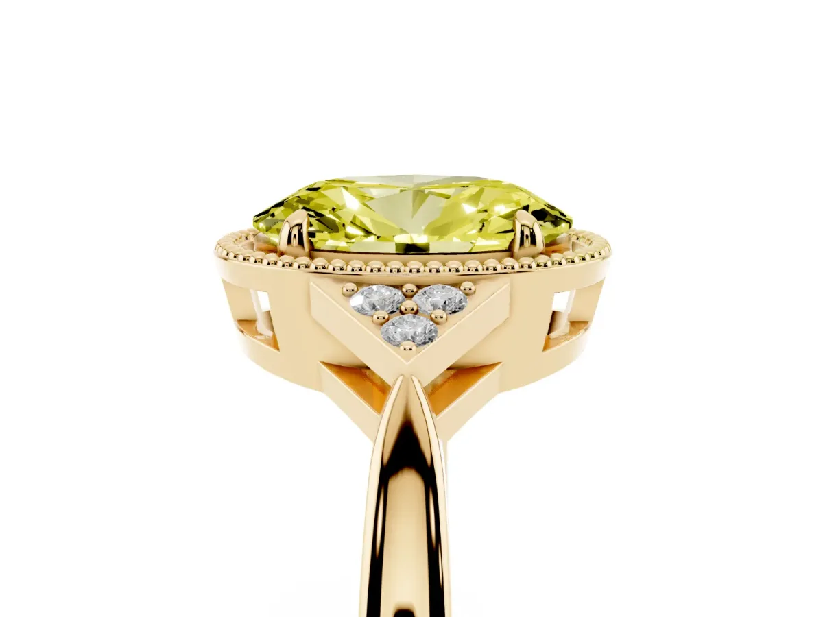Fancy Yellow Oval Cut Diamond Halo Ring with Tapered Band and Four-Prong Setting Yellow gold