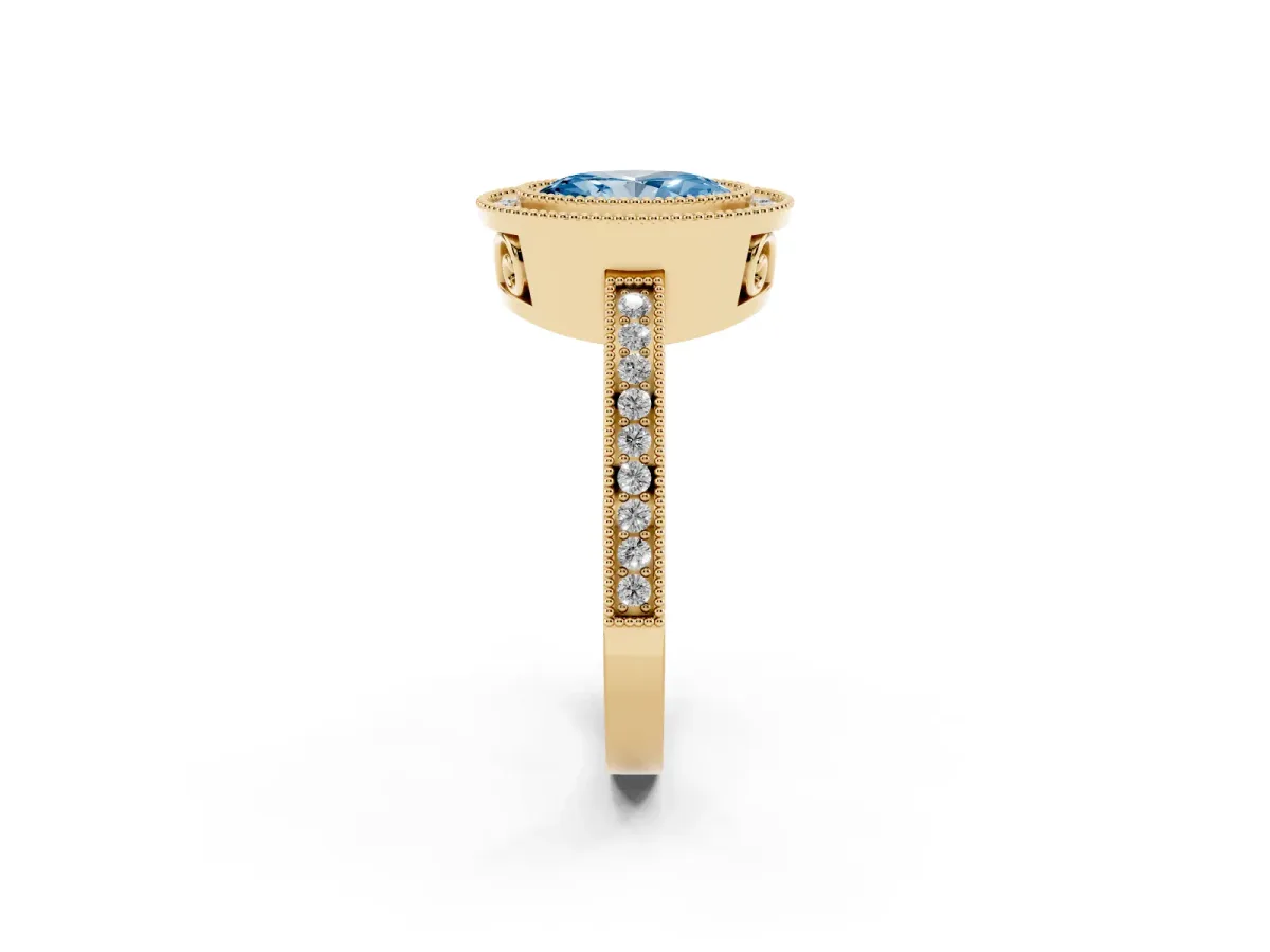 Fancy Blue Oval Cut Cut Halo Diamond Ring with Pavé Band and Milgrain Prong Setting Yellow gold