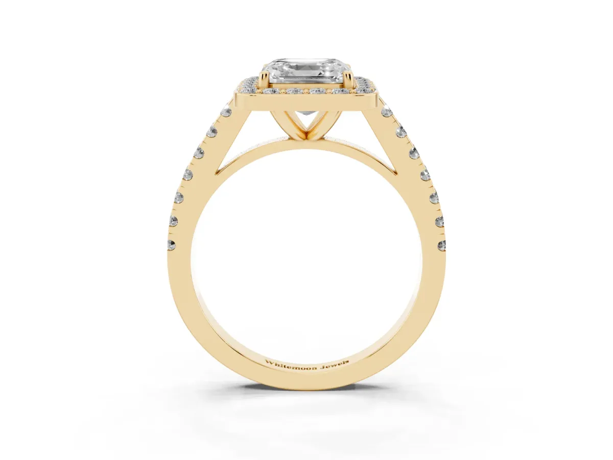 Asscher Cut Diamond Halo Ring with Round Pavé Split Shank and Prong Setting Yellow gold