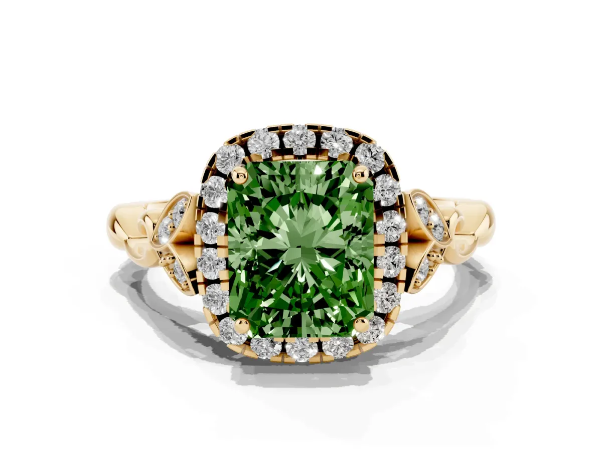 Fancy Green Radiant Cut Halo Diamond Engagement Ring with Vintage-Inspired Band and Four-Prong Setting Yellow gold
