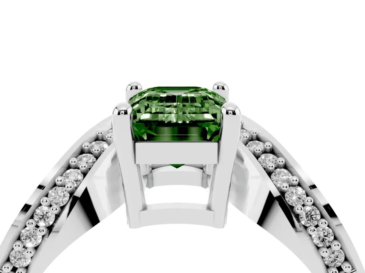 Fancy Green Emerald Cut Solitaire Diamond Engagement Ring with Pave Band and Four-Prong Setting Platinum