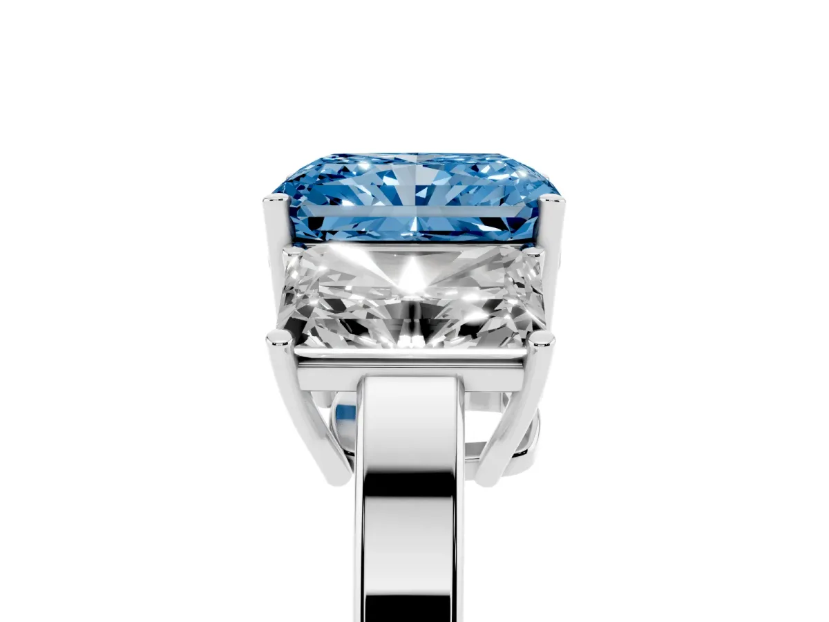 Fancy Blue Three-Stone Radiant Cut Cut Diamond Engagement Ring with Flat Band and Four-Prong Setting Silver