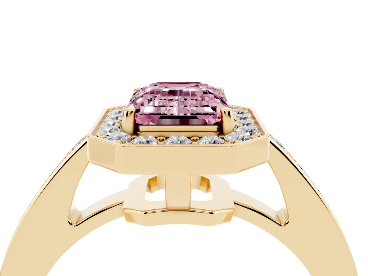 Fancy Pink Emerald Cut Halo Pavé Diamond Engagement Ring with Bezel Setting Yellow gold