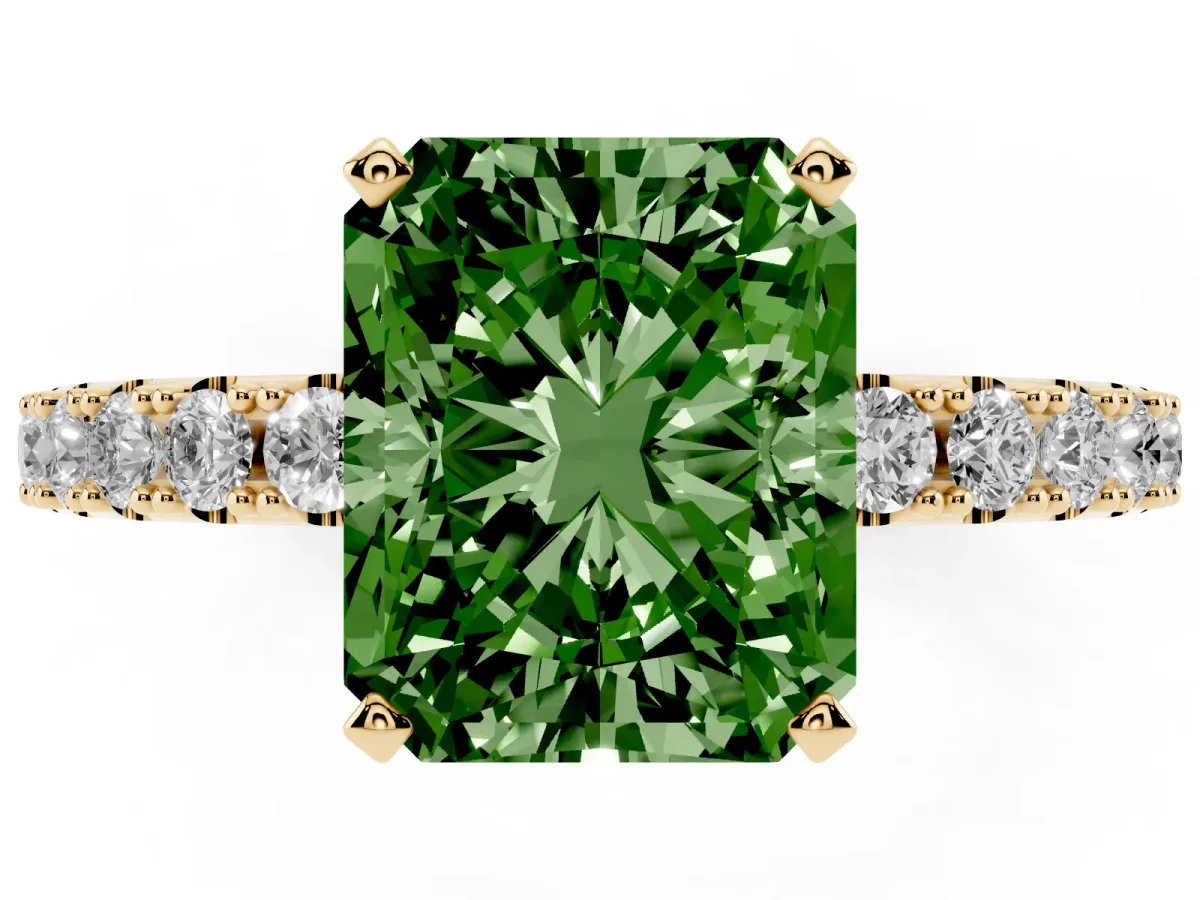 Fancy Green Radiant Cut Diamond Solitaire Pavé Band with Four-Prong Setting Yellow gold