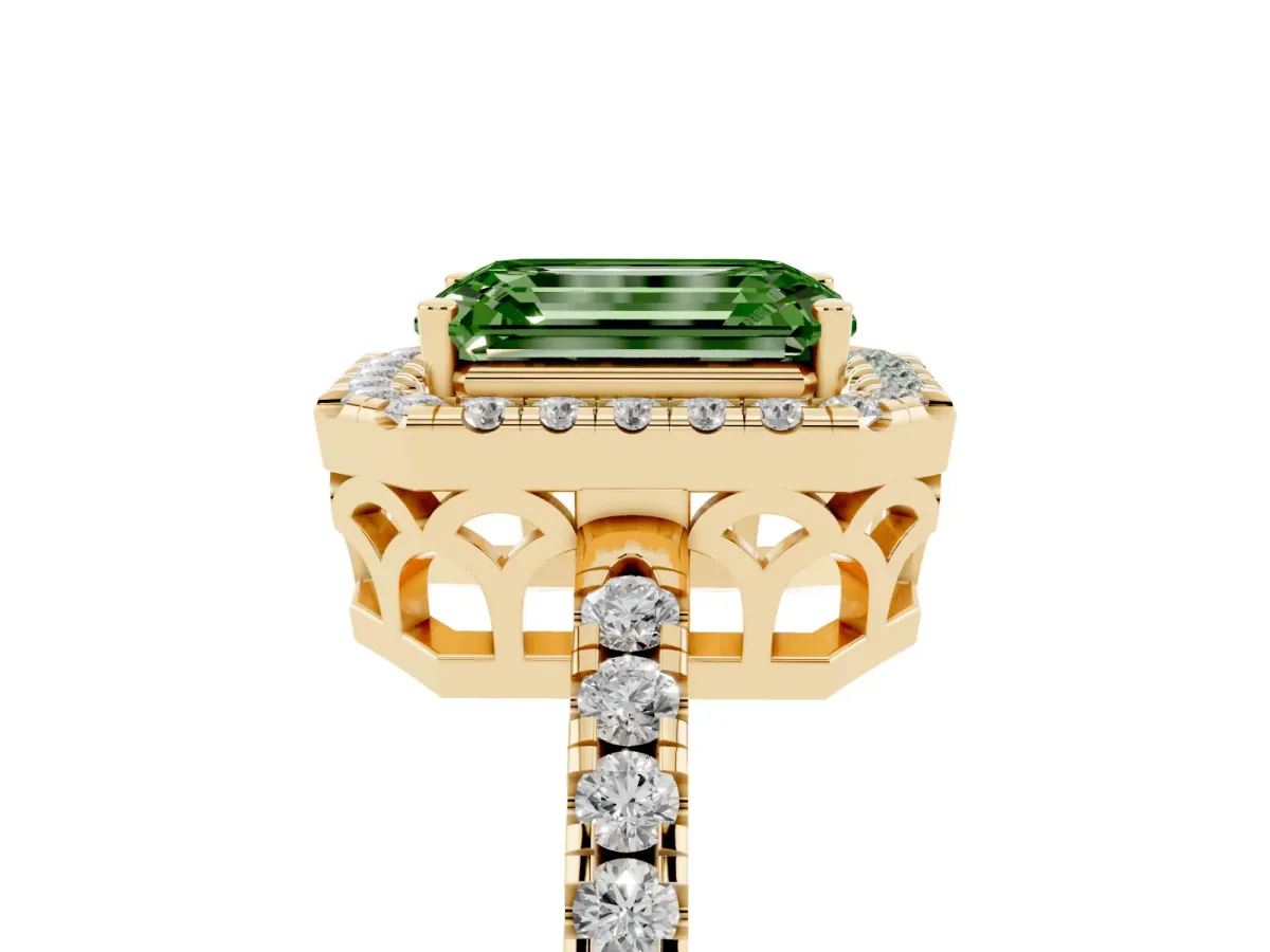 Fancy Green Emerald Cut Halo Diamond Engagement Ring with Pavé Band and Four-Prong Setting Yellow gold