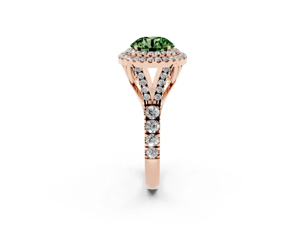 Fancy Green Round Cut Diamond Double Halo Ring with Split Shank and Prong Setting Rose gold