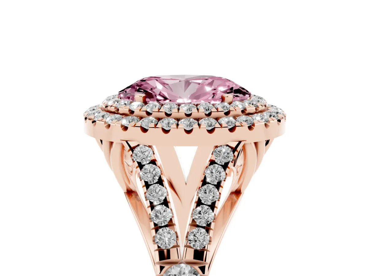Fancy Pink Double Halo Oval Cut Diamond Split Shank Engagement Ring with Four-Prong Setting Rose gold