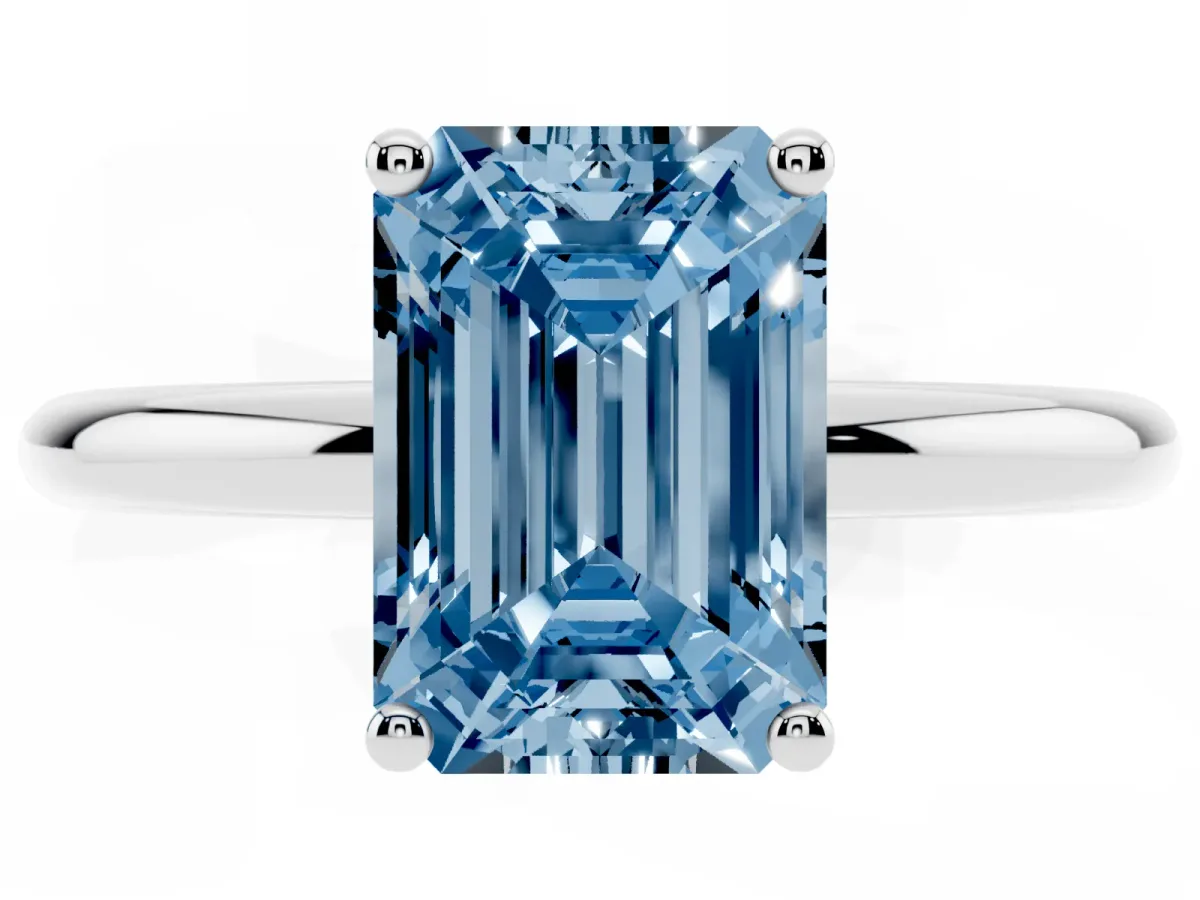Fancy Blue Emerald Cut Cut Solitaire Engagement Ring with Four-Prong Setting and Classic Band Silver