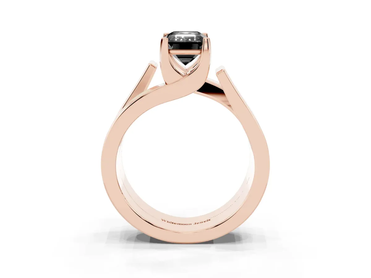 Fancy Black Modern Tension Set Emerald Cut Diamond Solitaire Wide Band Ring Rose gold