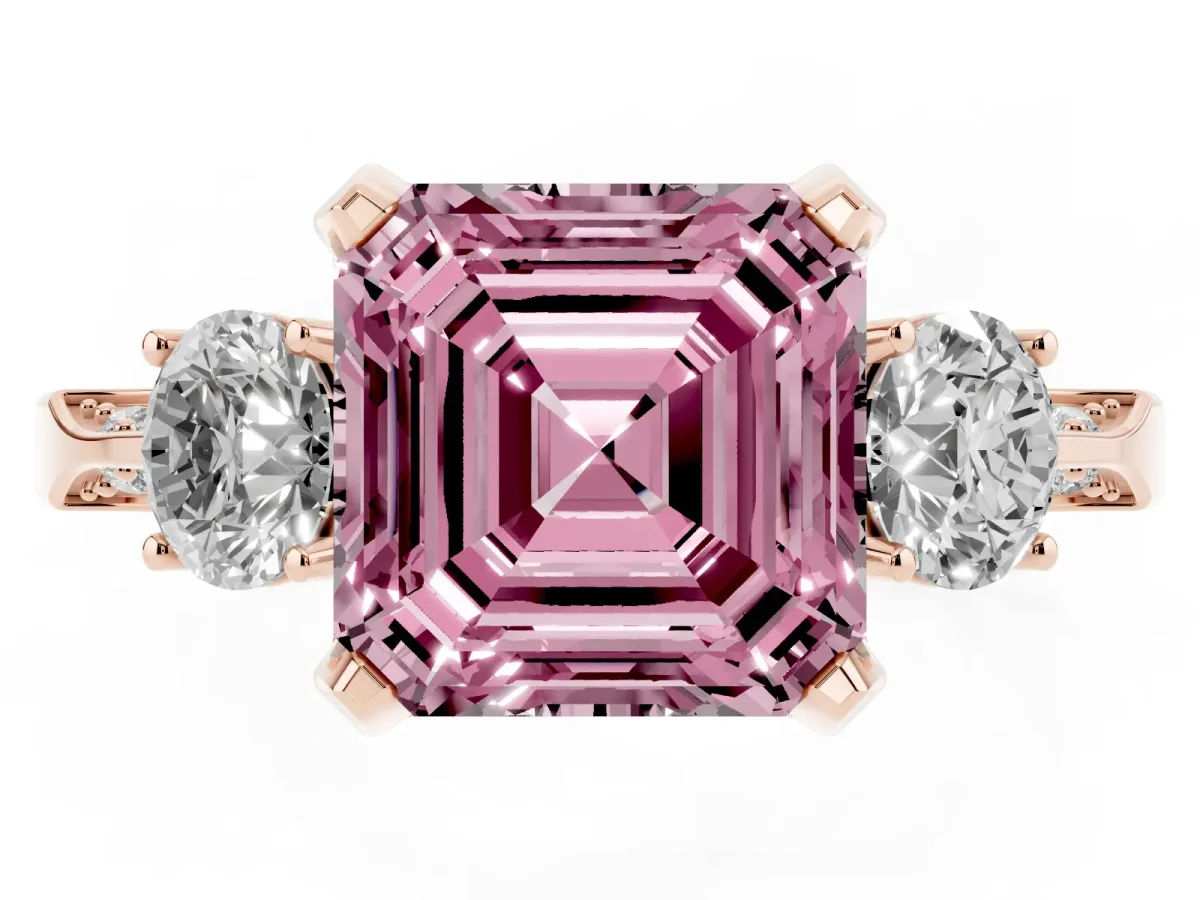Fancy Pink Asscher Cut Brilliant Three-Stone Diamond Ring with Pavé Band and Four-Prong Setting Rose gold