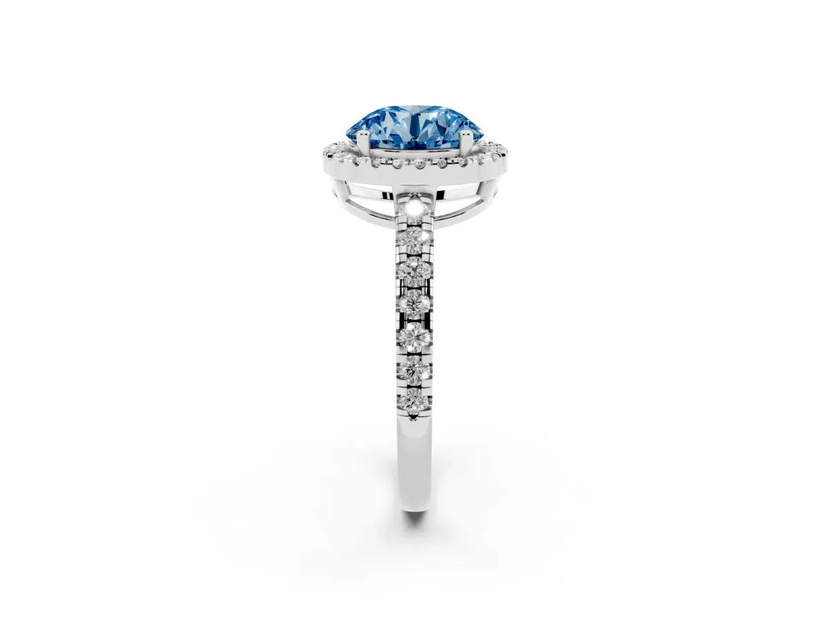 Fancy Blue Round Cut Diamond Halo Ring with Pavé Band and Four-Prong Setting Platinum