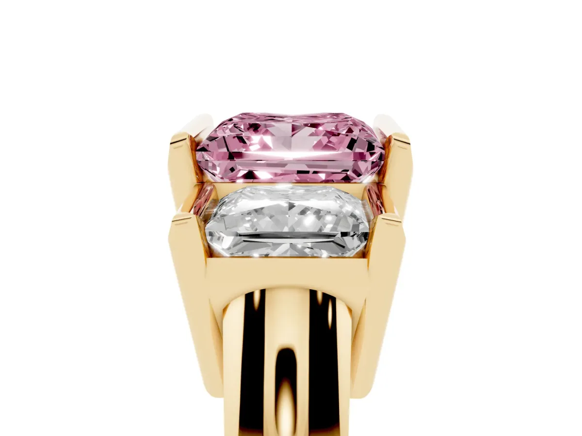 Fancy Pink Three Stone Princess Cut Cut Channel Set Diamond Ring Yellow gold