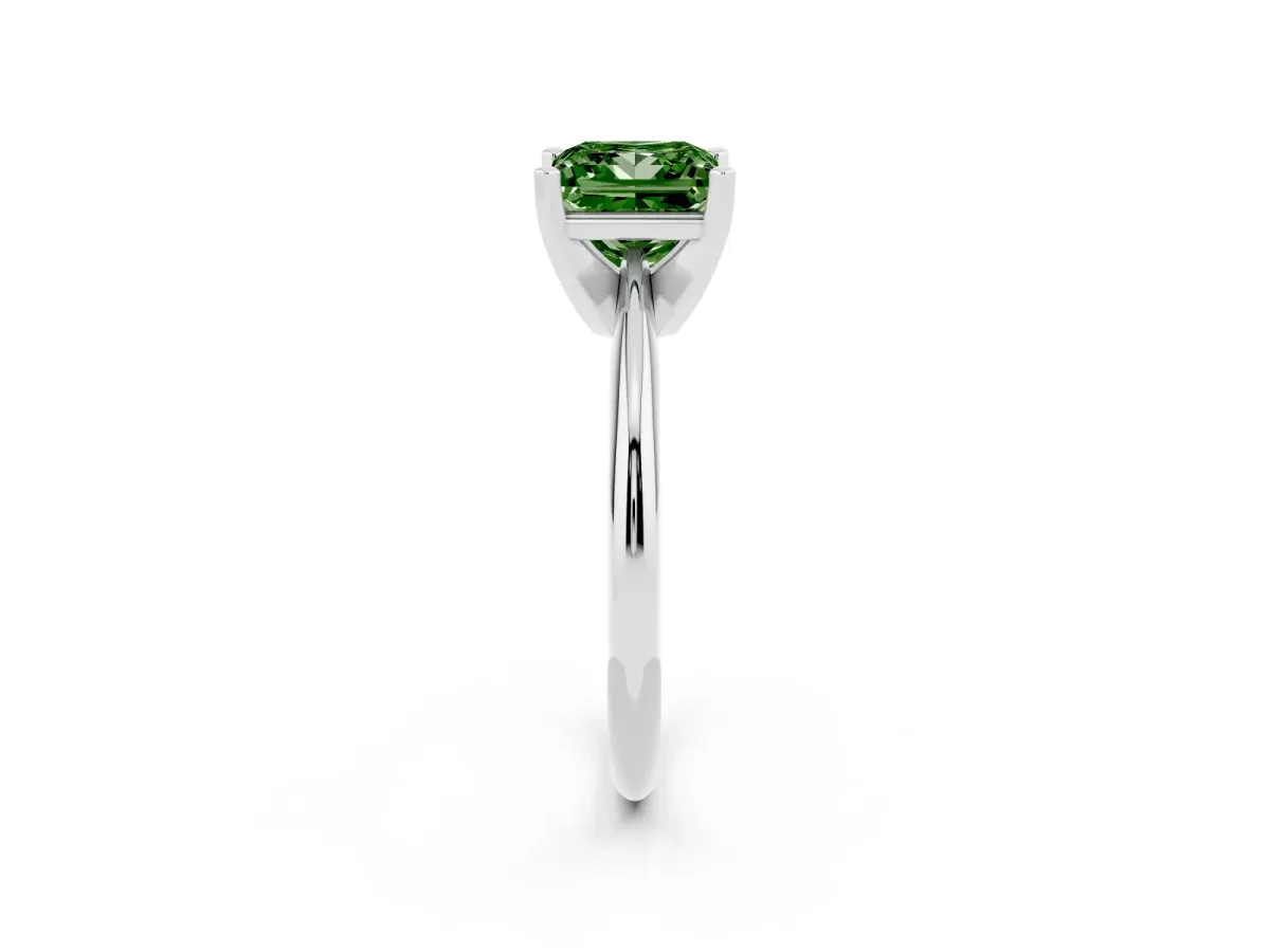 Fancy Green Princess Cut Cut Solitaire Ring with Four-Prong Setting on a Classic Band Silver