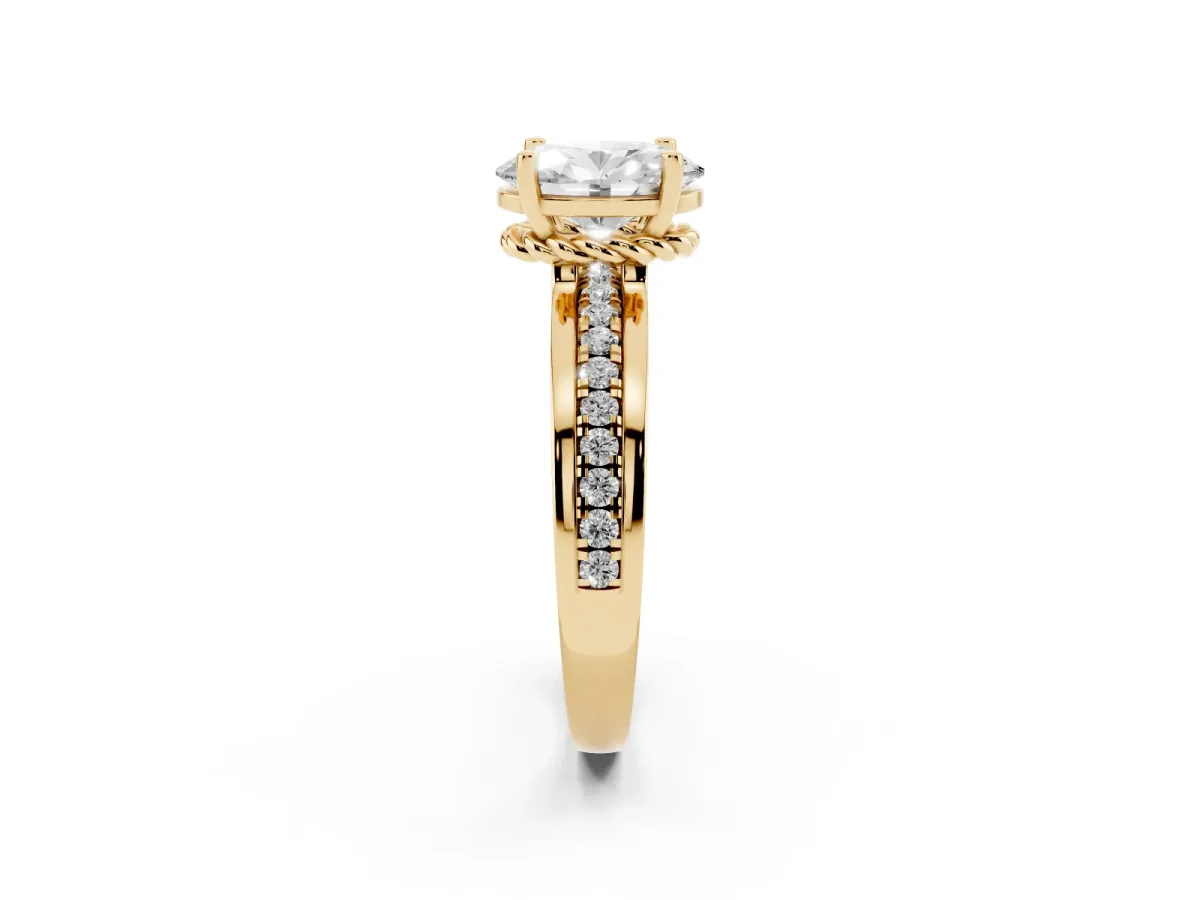 Oval Cut Solitaire Diamond Ring with Channel Set Band and Six-Prong Setting Yellow gold