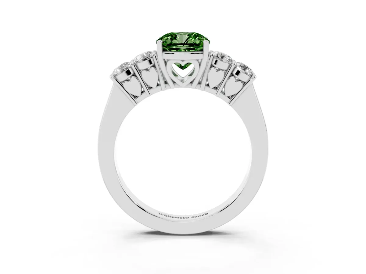 Fancy Green Cushion Cut Cut Diamond Five-Stone Prong Set White Gold Ring Silver